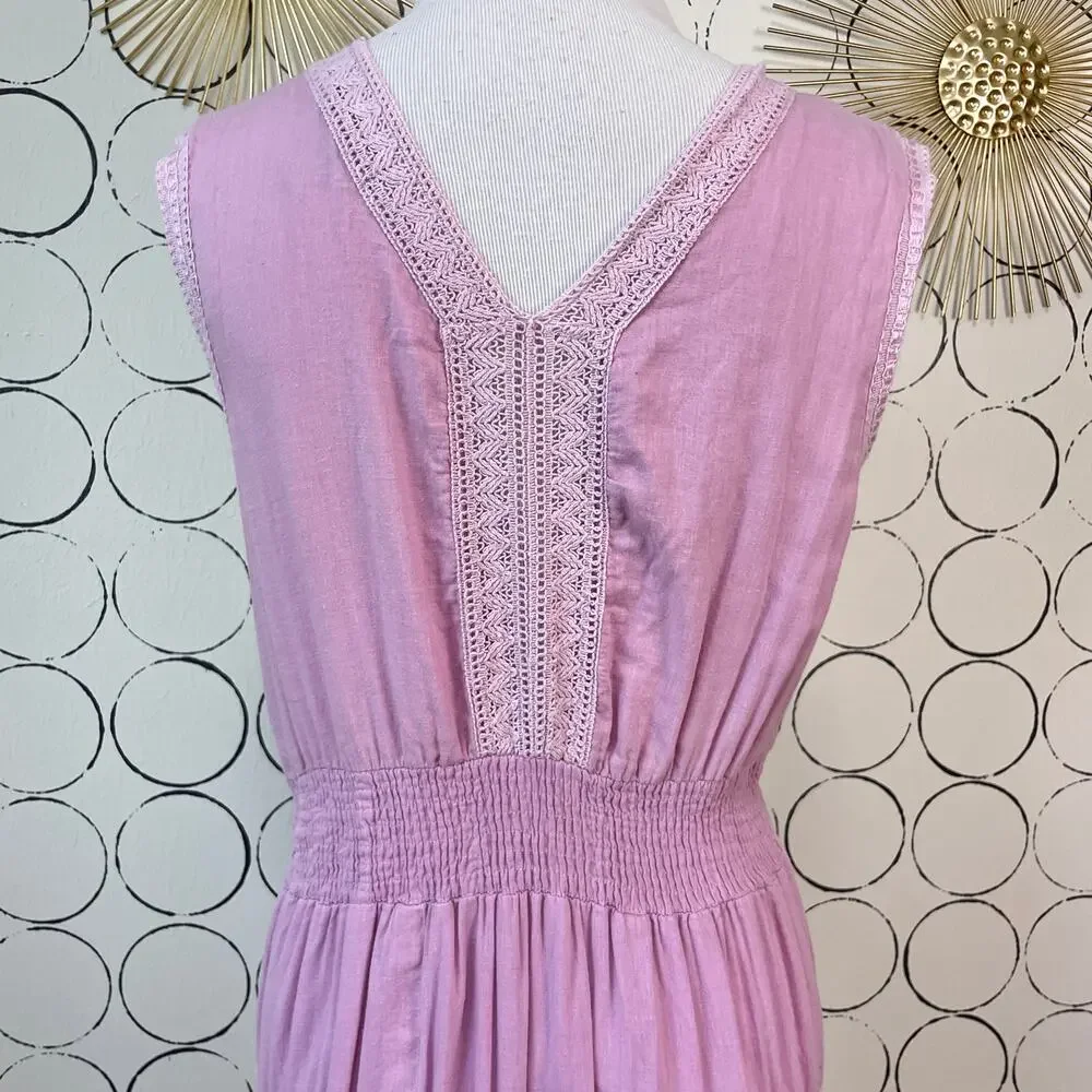 Crochet Tiered Maxi Dress Womens L Pink Purple Cottage Boho Romantic Cotton - Picture 10 of 15